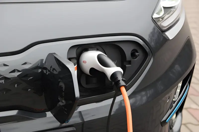 A Type 2 connector plugged into an electric car’s charging port