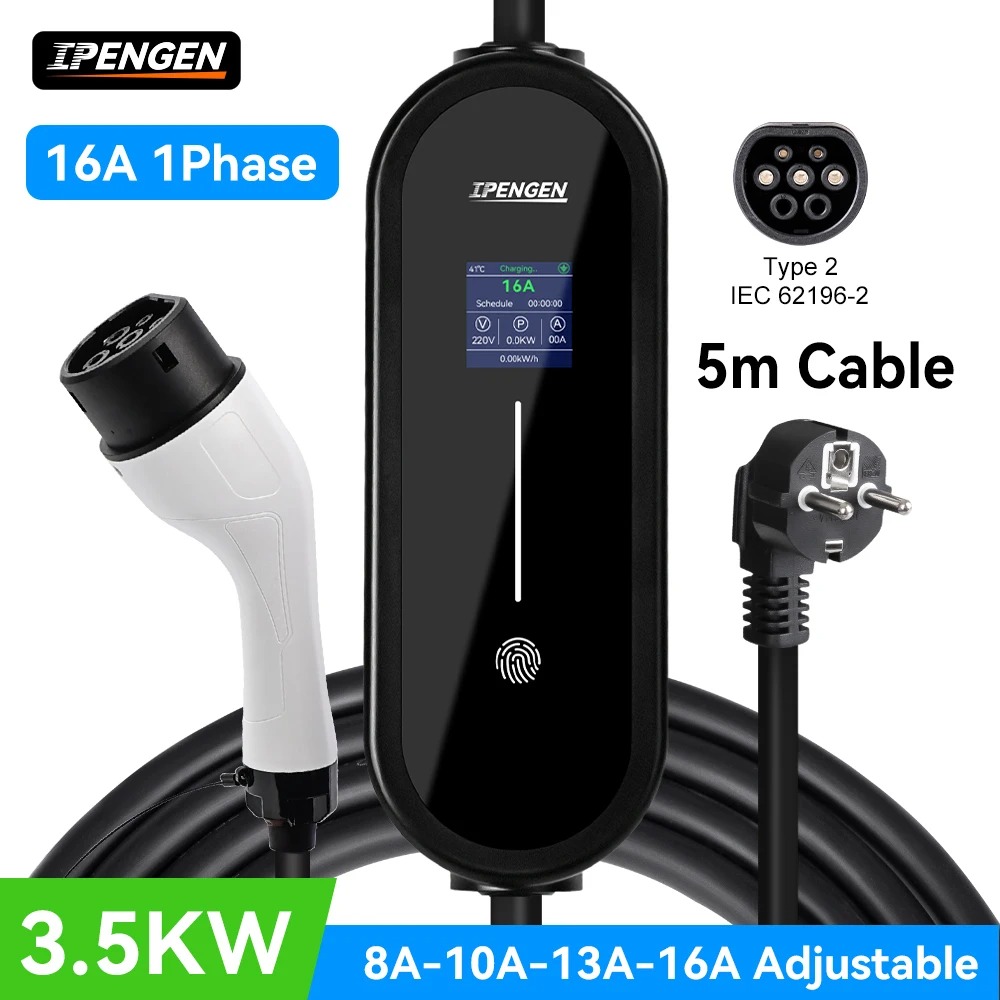 Portable EV Charger 3.5KW | Type 2 IEC62196 / GB/T / J1772 Adjustable 16A | 5M Cable with LCD Display
