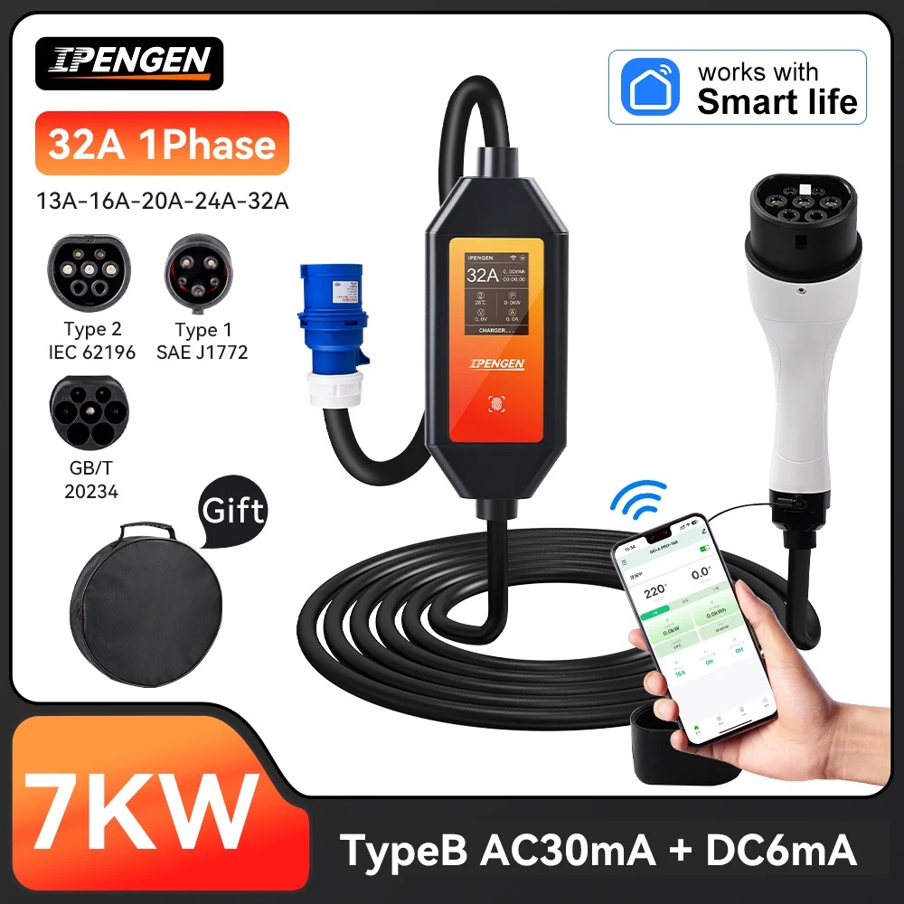 Portable EV Charger 7KW 32A | WiFi App Control | Type 2, Type 1 & GB/T Compatible | 5M Cable IP65